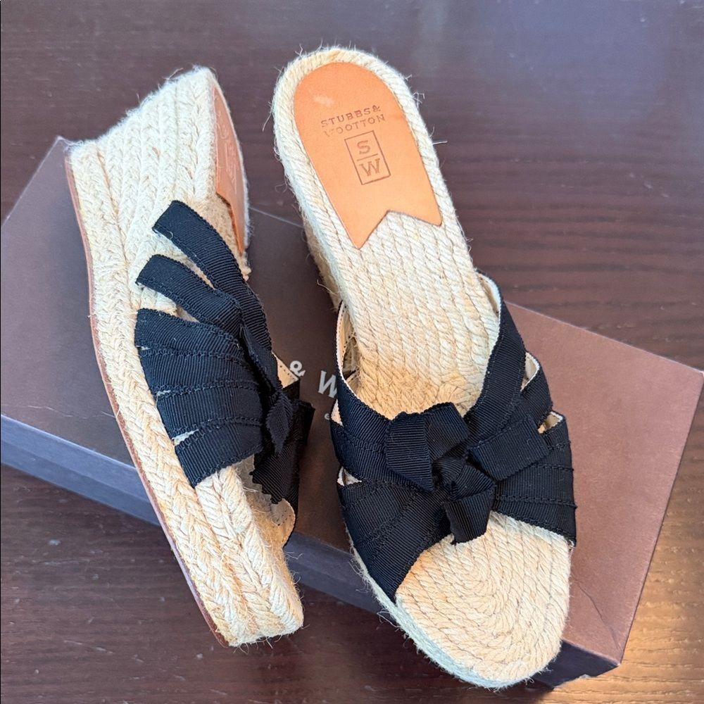 Stubbs & Wootton Black and Tan Espadrille Slides 38
